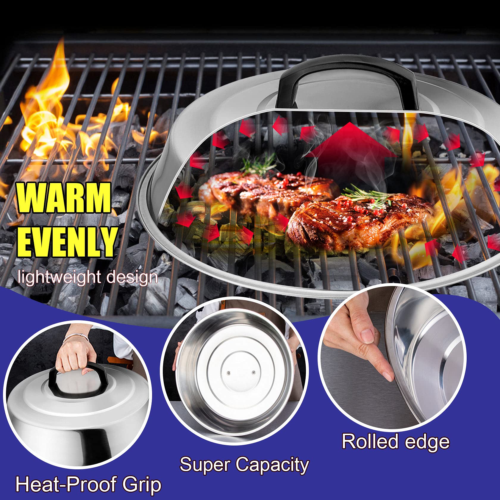 Professional Melting Dome Lid Set of 3  Leonyo 12''- 9'' Metal Steam Basting Cover for Griddle Grill Top  Stainless Steel Griddle Accessories for BBQ Flat Top Kitchen Cooking Burger Cheese  Heat Proof